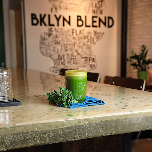 Green juice on the counter at BKLYN BLEND