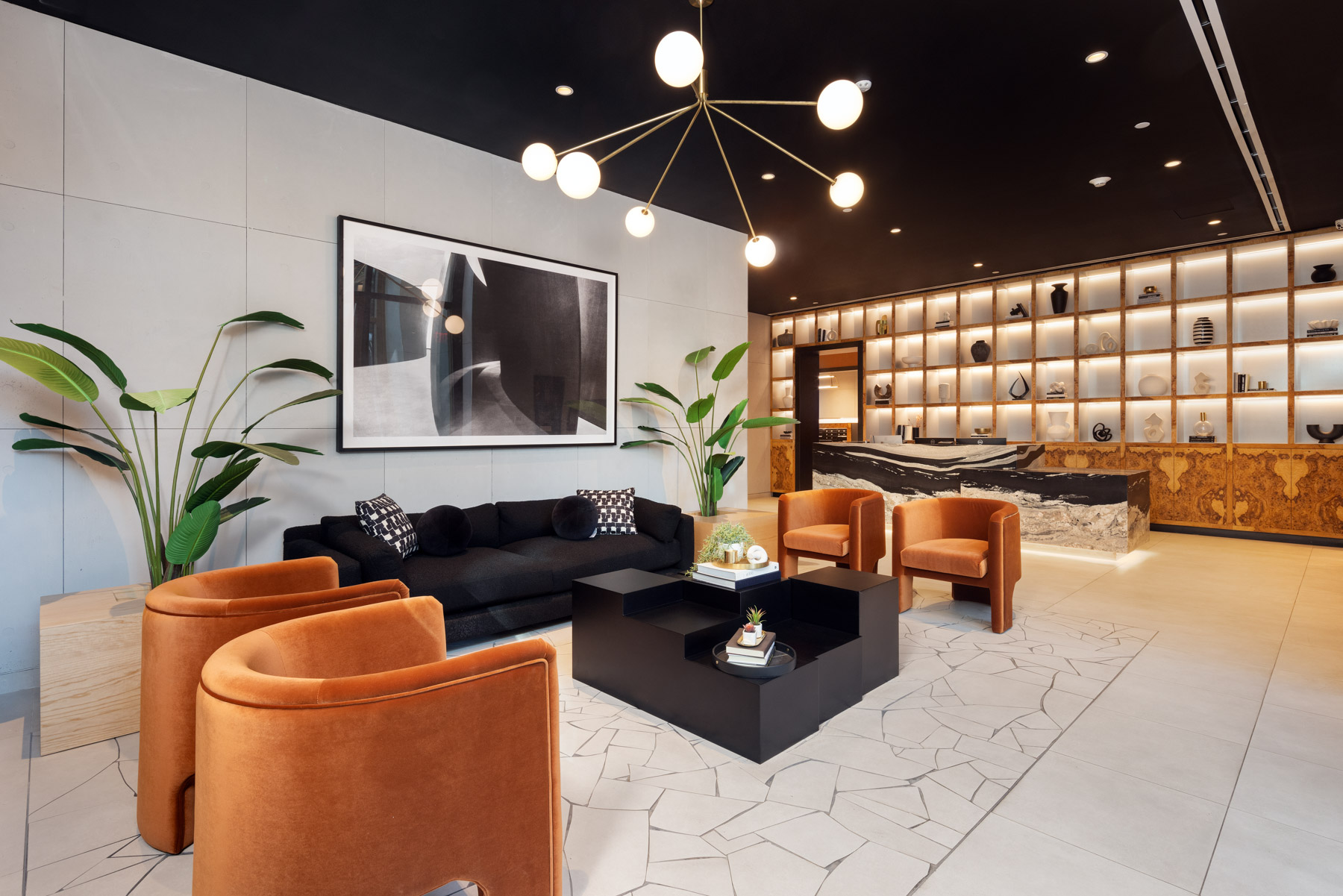 Contemporary lobby with modern seating, floors and light fixtures